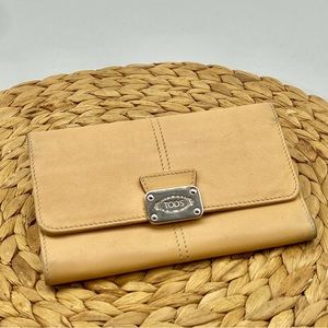 TOD’S BEIGE FULL LEATHER BIFOLD SNAP MONEY COINS CARD WALLET CLUTCH BAG SMALL